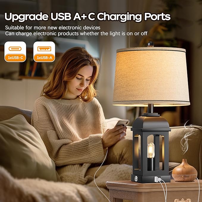 QiMH Table Lamp for Living Room, Farmhouse Lamps with USB A+C and Nightlight, 26" Rustic Bedside Lamps with 3-Way Dimmable Touch Control, Nightstand Lamp for Bedroom, Black, 1 Pack