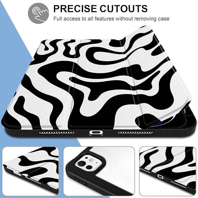TWOLSKOO Case for iPad Pro 11-inch (M5 2025 / M4 2024), Clear Acrylic Back with TPU Bumper, Pencil Holder, Trifold Stand, Auto Sleep/Wake, Black Waves