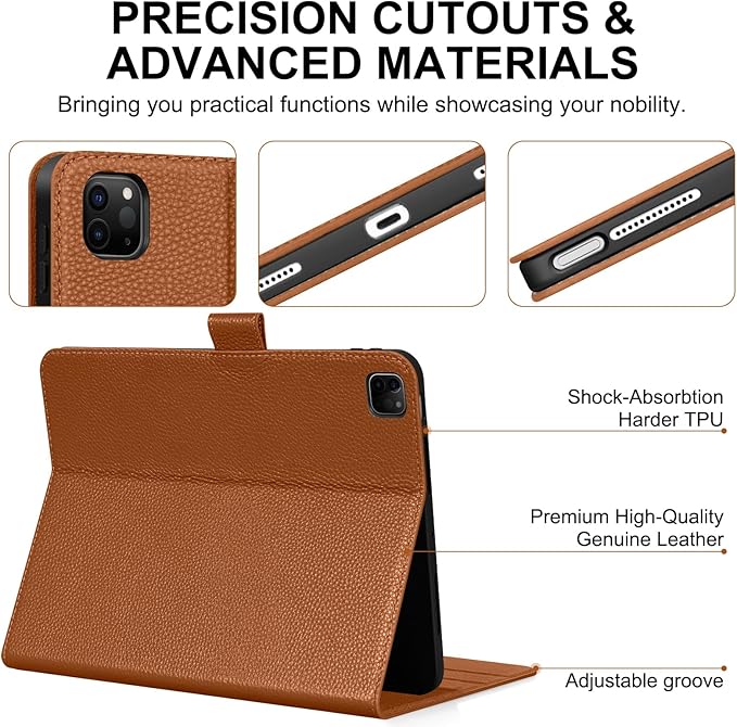 Genuine Leather Case for iPad Pro 12.9 inch 6th/5th/4th/3rd Generation 2022/2021/2020/2018 | with Pencil Holder and Adjustable Stand, Magnetic Closure, Auto Wake/Sleep Cover | Brown