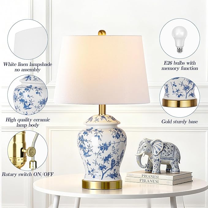 QiMH Chinoiserie Ceramic Table Lamps Set of 2 for Living Room, Vintage Traditional Bedside Lamps for Night Stands, 22" Large Blue and White Table Lamp for Bedroom Cottage, Gold(LED Bulbs Included)