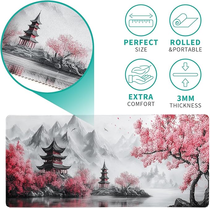 Retro Cherry Blossoms Mouse Pad 31.5x11.8 Inch White Full Desk Japanese Mousepad Extended Large Non-Slip Rubber Base Waterproof Big Keyboard Mat with Stitched Edges for Gaming and Office