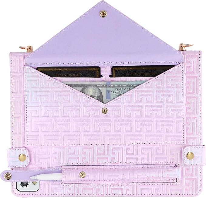 Shiny Case for iPad 6th/5th Gen 9.7 Inch (2018/2017), iPad Pro 9.7"/Air 2, Techcircle Crossbody Iridescent Folio Stand Multi-Pocket Wallet Case with Pencil Holder+Hand/Shoulder Strap, Shiny Lilac
