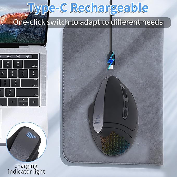 Wireless Mouse Ergonomic Right Handed Vertical Mouse with LED Light 7 Buttons 2.4GHz & Bluetooth Dual Mode Portable Rechargeable Silent Computer Mice for Laptop PC Desktop Macbook Adults Gifts(Black)