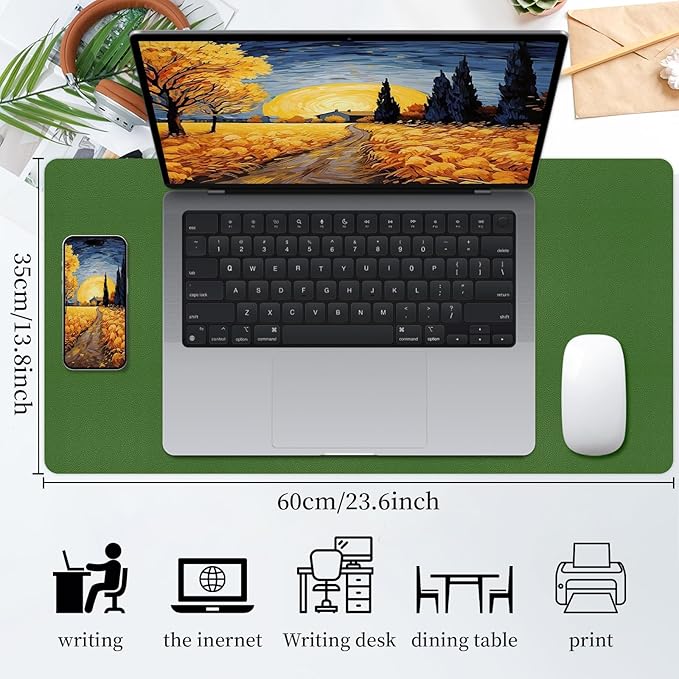 Bloss Green Leather Mouse Pad,Leather Desk Mat Protector,Dual-Side Use Mouse Mats,Office Desks Mats,Laptop Protector Desks Mat,Waterproof Keyboard Pads,Desk Writing Pad for Office/Home.23.6"x 13.8"