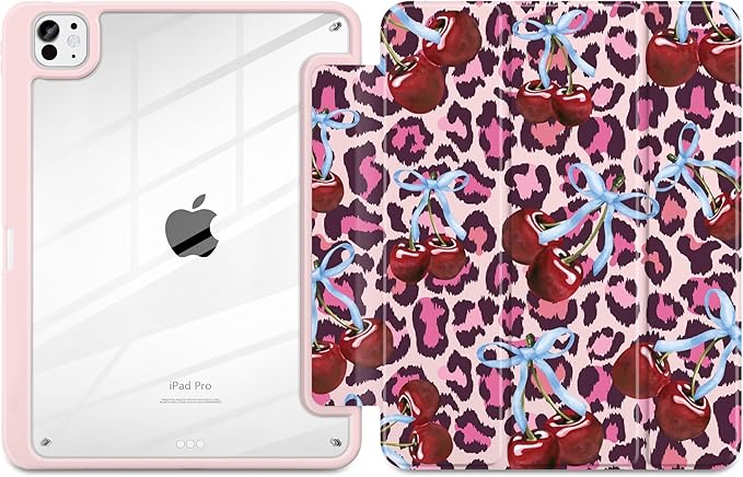 TWOLSKOO Case for iPad Pro 11-inch (M5 2025 / M4 2024), Clear Acrylic Back with TPU Bumper, Pencil Holder, Trifold Stand, Auto Sleep/Wake, Bows & Cherries