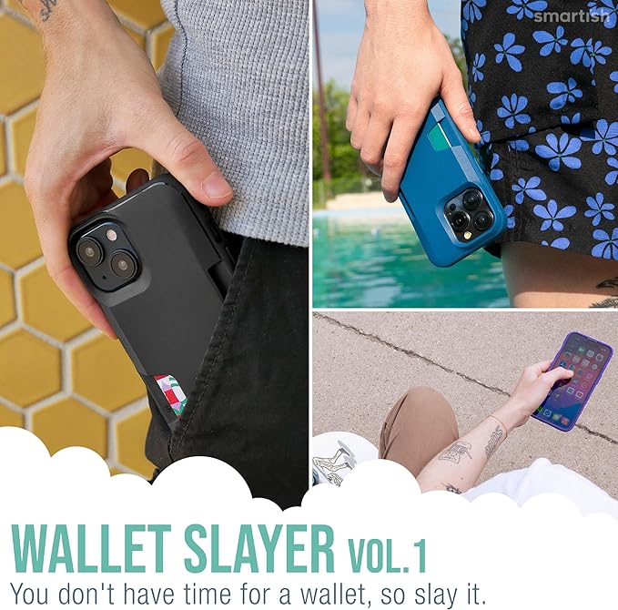 Smartish® iPhone 15 Plus Wallet Case - Wallet Slayer Vol. 1 [Slim + Protective] Credit Card Holder - Drop Tested Hidden Credit Card Slot Cover for Apple iPhone 15 Plus - Blues on The Green