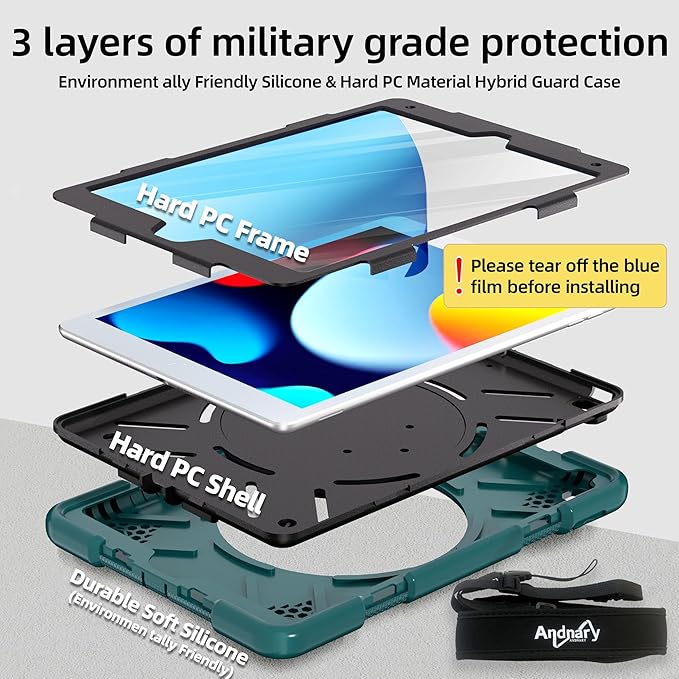 Andnary Case for iPad 9th/8th/7th Generation 10.2 inch, Shockproof Cover with Screen Protector/360° Rotate Stand/Pencil Holder/Shoulder Strap, Kids Case for iPad 2021/2020/2019 (Dark Green+Black)