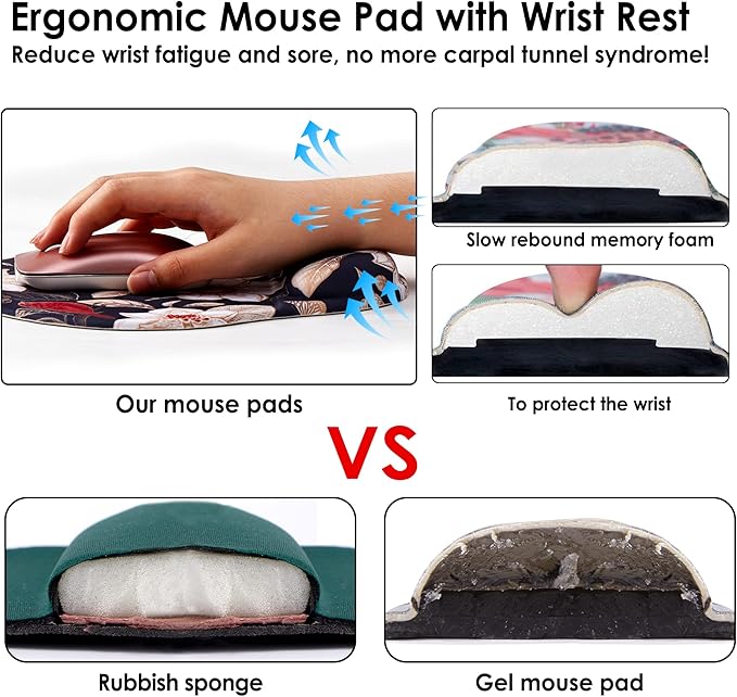 Ergonomic Mouse Pad with Wrist Support,Cute Mouse Pads with Wrist Rest,Comfortable Mouse Pad for Home Office Gaming Working Computers Laptop,Pain Relief with Non-Slip PU Base (Gold Floral)