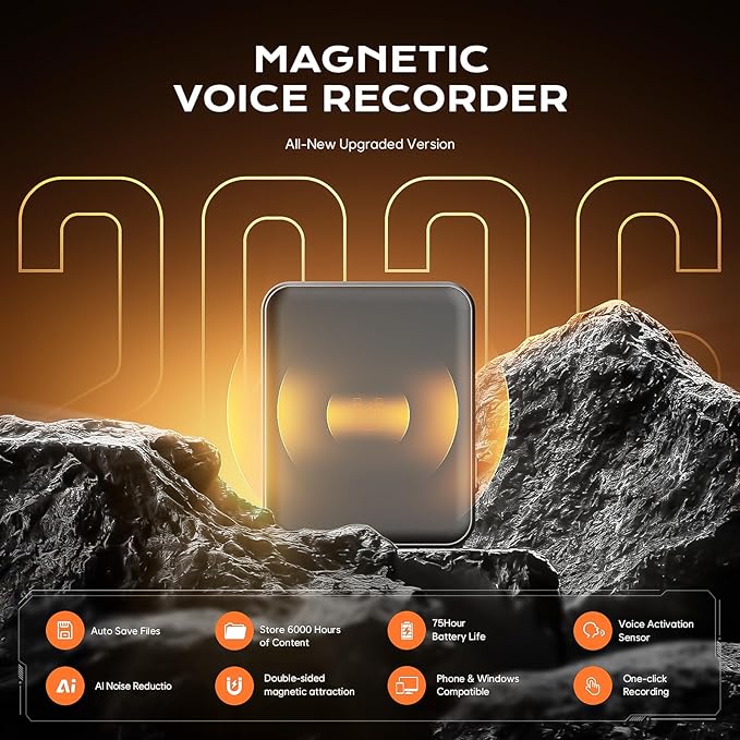 Voice Activated Recorder 64GB - Double-Sided Magnetic with AI Noise Reduction, Holds 6000 Hours of Audio, 75H Battery, Digital Voice Recorder for Meetings, Lectures and Interviews