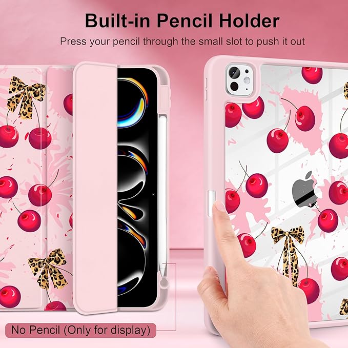 Case for iPad Pro 11 Inch (M5 2025 M4 2024) – [Built-in Pencil Holder], Shockproof & Stylish, Clear Hard Back + Soft TPU Edge, Magnetic Trifold Stand, Auto Wake/Sleep, Cherry & Leopard