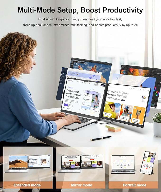 15.6" Laptop Screen Extender, Ultra-Slim FHD 1080P Portable Monitor, Detachable Dual Monitor Travel & Remote Work, Plug and Play for 13"-17.3" Laptops, for Windows/Mac/Android/Chrome