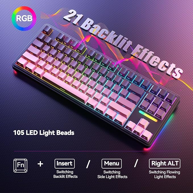 AUSDOM H87 Wireless Mechanical Gaming Keyboard: 10000mAh Battery 2.4G/BT5.3/USB-C Hot Swappable Custom Keyboard with RGB Backlit, Side Printed PBT Keycaps, 15-Layer Gasket Structure, Black Pink