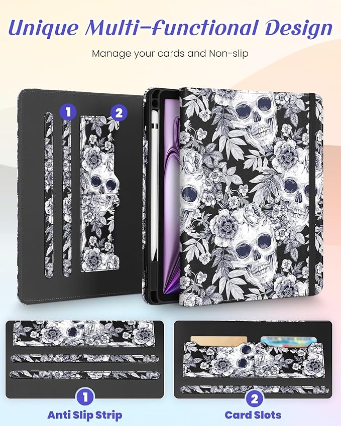 Kidcube for iPad Air 13 Inch Case (M3/M2)/for iPad Pro 12.9 Cases 6th/5th (2022/2021) - Women Girls Cute Rotating Stand Folio Cover with Pencil Holder & Card Slot Design Flowers Goth Skull Cover