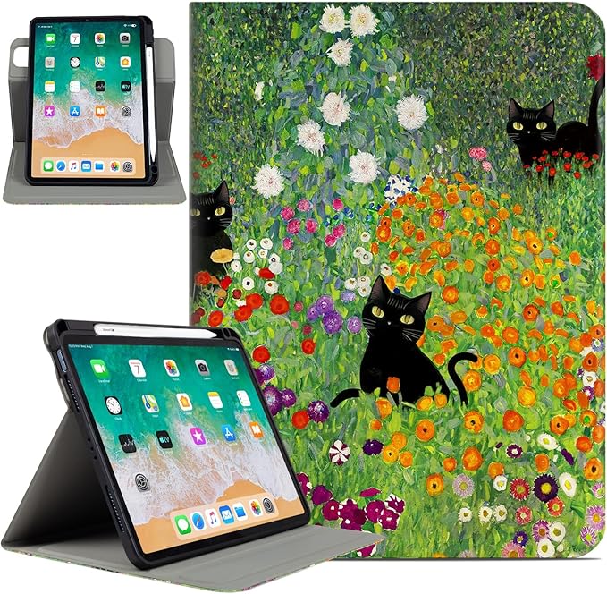 Rotating iPad Air 11-inch Case M4/M3/M2, Case for iPad Air 5th/4th Generation 10.9 Inch,360 Degree Swivel Multi-Angle Adjustable Stand with Pencil Holder for iPad Pro 11-inch case Flowers Garden Cat