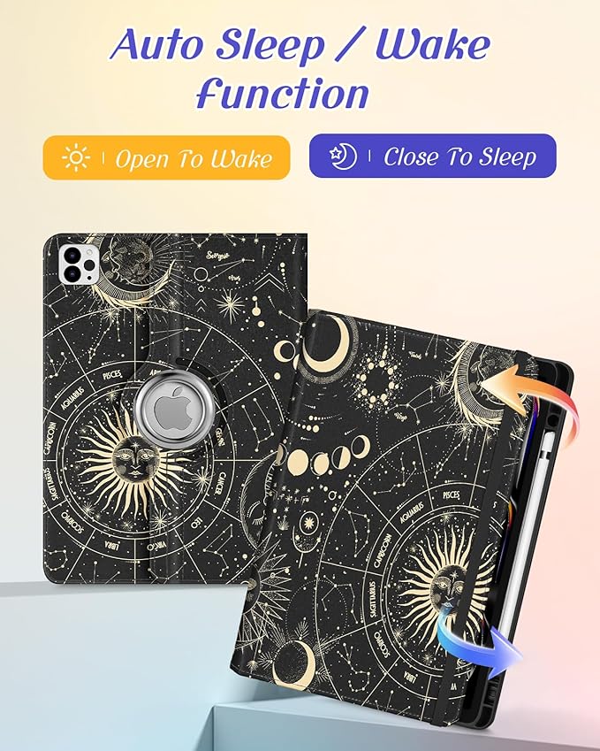 Kidcube for iPad Pro 13 Inch Case M4 2024 - Women Girls Cute Rotating Stand Folio Cover with Pencil Holder & Card Slot Girly Sun Moon Stars Design for iPad Pro 13 Inch Case 2024 (A2925 A2926 A3007)