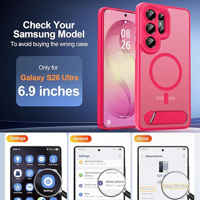 Magnetic for Samsung Galaxy S26 Ultra Case, [Compatible with MagSafe][Full Camera Protection][Built-in Invisible Kickstand] Translucent Matte Phone Case for S26 Ultra 6.9" - Hot Pink