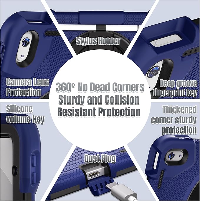 Andnary Case for iPad (A16) 11th /10th Generation 11/10.9 Inch 2025/2022 with Screen Protector/360° Rotate Stand/Shoulder Strap/Pencil Holder, Shockproof iPad 11th/10th Gen Cover (Navy+Black)