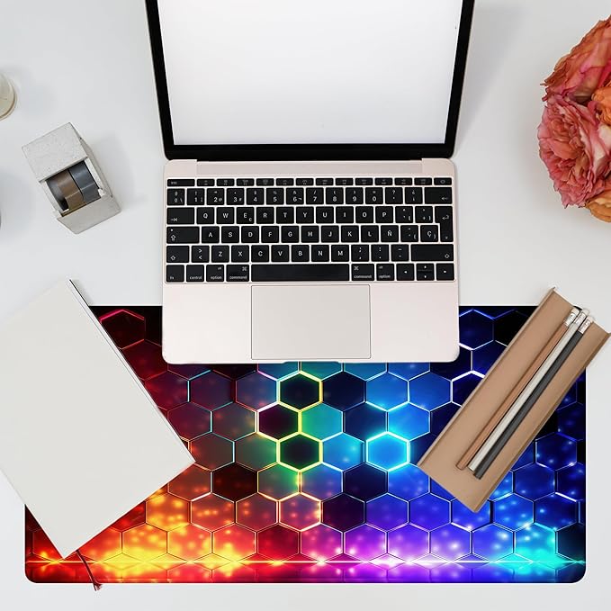 Desk Mat, Colorful Honeycomb Technology Desk Pad,Hexagonal Honeycomb Large Gaming Mouse Pad for Desk,31.5"x15.7" Extended Big Computer Keyboard Mouse Pad with Non-Slip Base and Stitched Edge