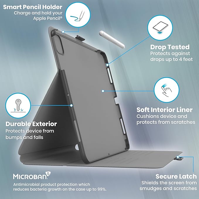 Speck New iPad Air 11 Case (2024) - Fits iPad Air (2024/2022/2020, 6th/5th/4th Gen) with Pencil Holder, Drop & Camera Protection, Slim Multi Range Stand, Balance Folio - Black/Black/White