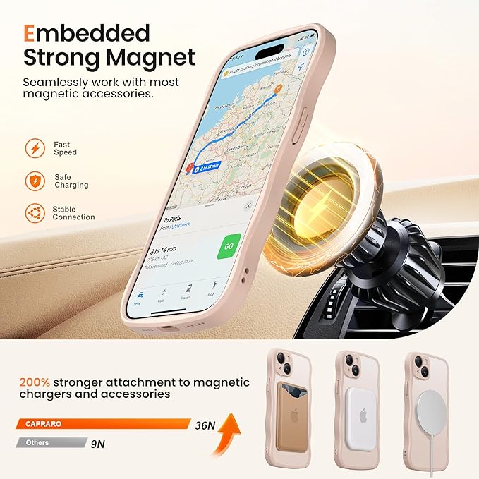 CAPRARO for iPhone 15 Case with 360° Spin Magnetic Stand for Women, [Compatible with MagSafe] [Full Camera Protection] Cute Wave Translucent Matte Case for iPhone 15, Rose Gold