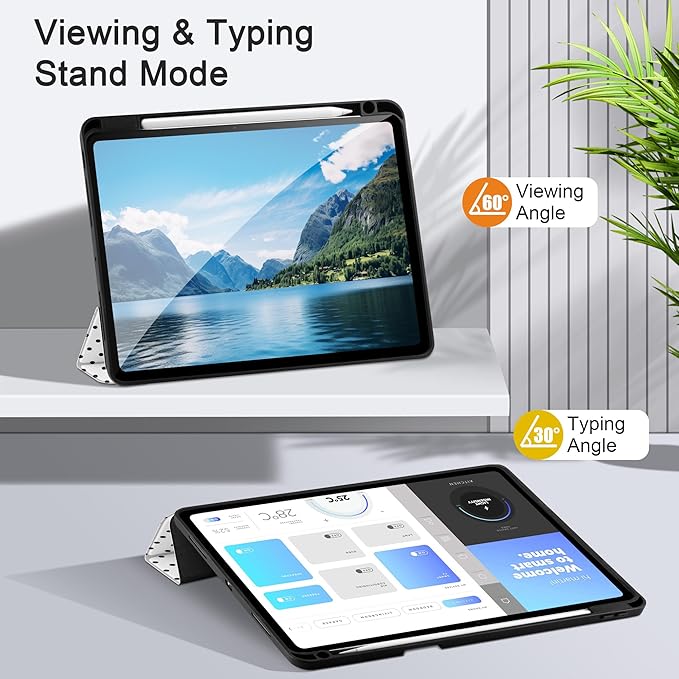 MEEgoodo Case for M5 iPad Pro 11 inch 2025/M4 iPad Pro 11 inch Case 2024, Tablet Cover with Trifold Stand & Pencil Holder & Auto Wake/Sleep & Soft TPU Back Cover, Black Polka Dot