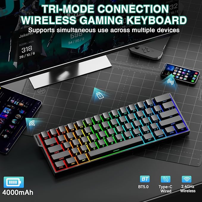 Aula MINI60 HE PRO Wireless Gaming Keyboard 60%,Hall Effect Rapid Trigger Magnetic Keyboard,8000Hz Polling,Tri-Mode(BT5.0/2.4GHz/USB-C),RGB Hot Swappable Compact Mechanical Keyboard for Gamer(Black)