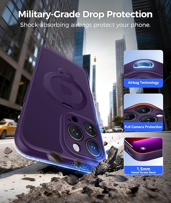 FNTCASE for iPhone 13 Pro Case: [360 Spin Magnetic Stand] [Compatible with Magsafe] [Screen Protector] Translucent Matte Military Grade Shockproof Full Camera Protective Phone Cover - Purple