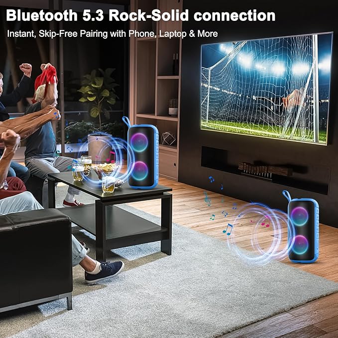 Bluetooth Speaker, 2026 NEW Portable Wireless Speaker, 24W Super Loud,TWS Pairing, Colorful RGB Lights, IPX7 Waterproof, 12H Playtime, HD Call for Outdoor/Home/Party/Beach, White Elephant Gift Blue