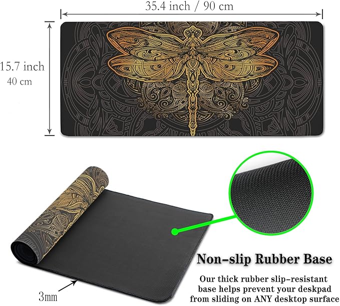 Gaming Desk Mats Gold, Desk Mouse Pad Extra Large Mouse Pads, Pad for Mouse Non-Slip Rubber Base Waterproof with Stitched Edges, 35.4 X 15.7 inch for Work/Game/Office/Home Dragonfly Mandala