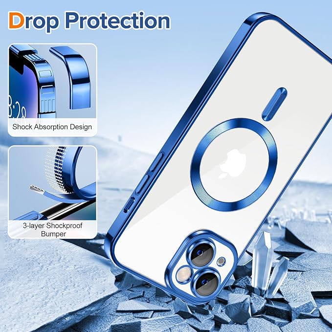 Hython Magnetic Clear for iPhone 14 Plus Case with Camera Lens Protector [Compatible with MagSafe] Luxury Plating Edge Slim Soft TPU Cover Protective Phone Case for iPhone 14 Plus 6.7", Deep Blue