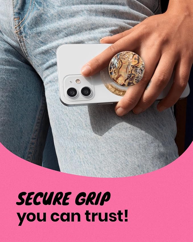 On The Grip Magnetic Phone Grip for MagSafe, Genuine Natural Crystal & Seashell Stone, Swappable Top, Strong Magnet Holder & Kickstand for iPhone 15 14 13 12 Pro Max Plus & MagSafe Cases (Leopard)