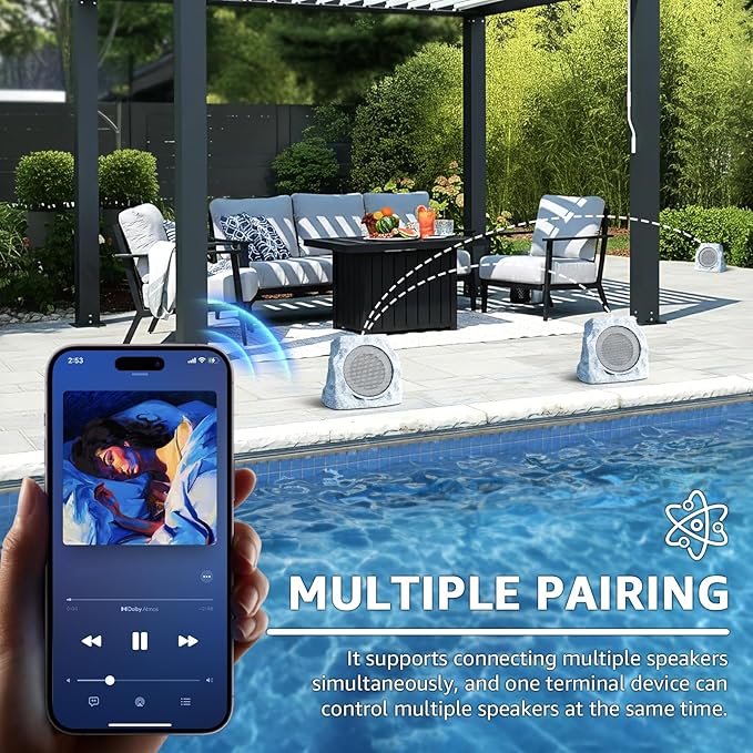 uuffoo 2-Pack Rock Speakers Outdoor Waterproof with RGB Color Lights Multi-Sync Up to 100 Speakers,Auto-Pairing,Solar-Powered and USB Charging for Patio Pool Party Yard Garden Outside