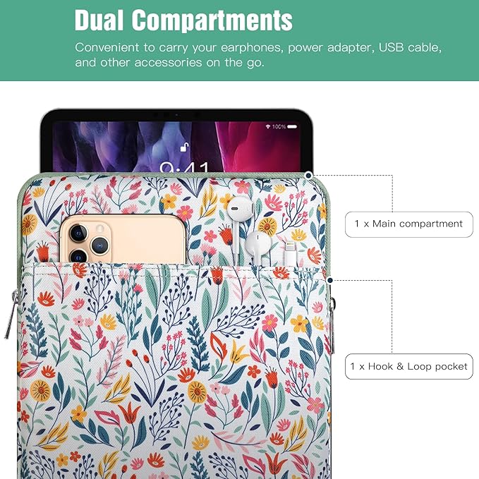 TiMOVO 9-11" Tablet Sleeve Bag for iPad 11-inch A16 2025, iPad 10.9"/10.2"| Air 11 Inch/5th/4th Gen. 10.9", Galaxy Tab A9+/A11Plus 11", Protective Bag Fit Smart Keyboard, Flowers