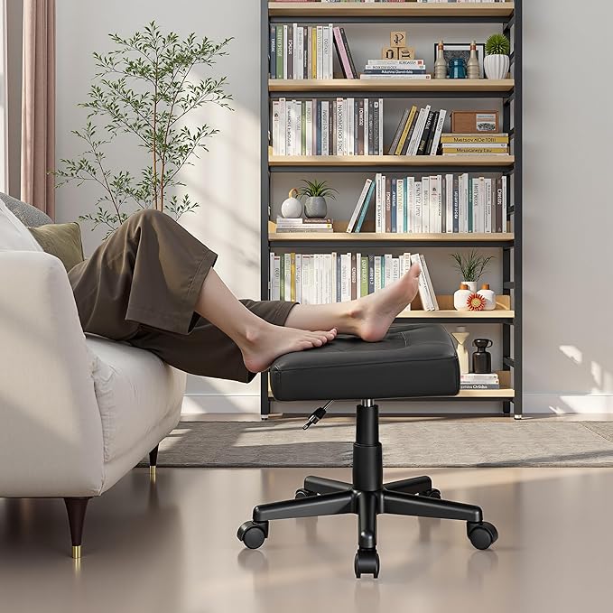 VECELO Under Desk Footrest, PU Ergonomic Foot Rest with Wheels, Comfort Padding, Height Adjustable for Relieving Leg Pain, Stiffness, Black