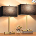 Lynnoland 21" Set of 2 Bedside lamp with USB A+C & AC Outlets, Touch Control 3-Way Dimmable Nightstand Lamps for Bedroom Living Room Office Reading, Black Shade Touch Lamps, 3000K LED Bulbs Included