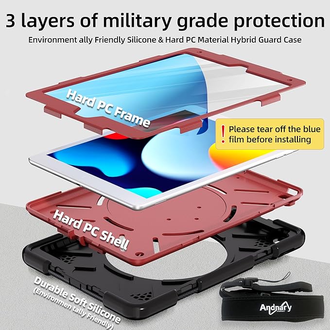 Andnary Case for iPad 9th/8th/7th Generation 10.2 inch, Shockproof Cover with Screen Protector/360° Rotate Stand/Pencil Holder/Shoulder Strap, Kids Case for iPad 2021/2020/2019 (Black+Red)
