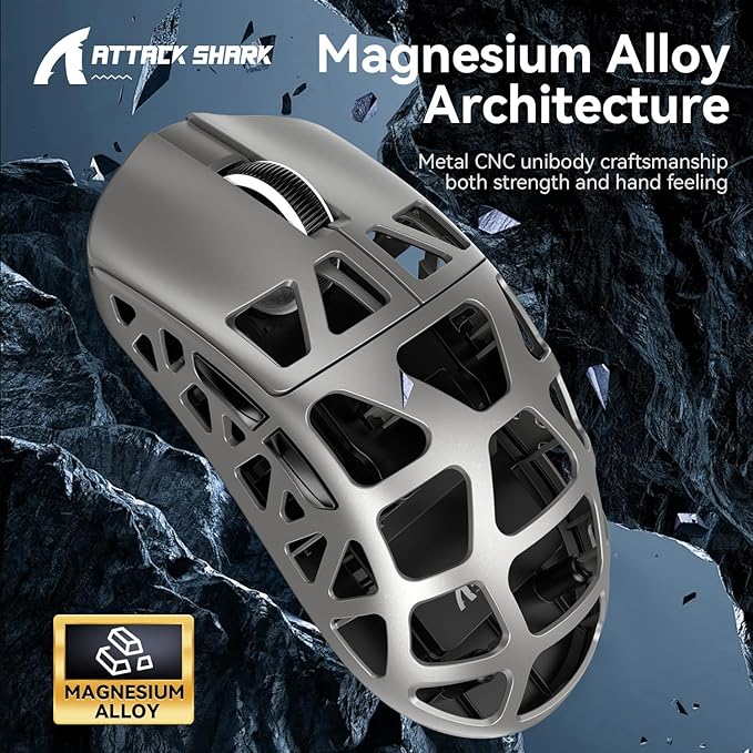 FELICON x Attack Shark R3 Magnesium Alloy Wireless Gaming Mouse, 46g Ultra-Lightweight Skeletal Shell, PAW3395 26K DPI, 8K Polling, Tri-Mode 2.4G/BT/Wired, for PC Mac Laptop - Gray