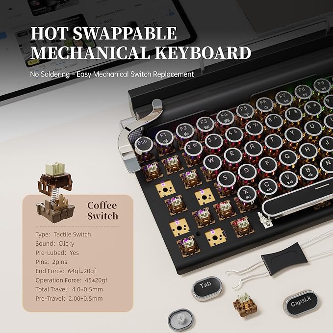 7KEYS Typewriter Keyboard Wireless Retro Style, Vintage Classical Mechanical Keyboard with Bluetooth for IPAD PC/Laptop Mac/Phone (Black+Wrist)
