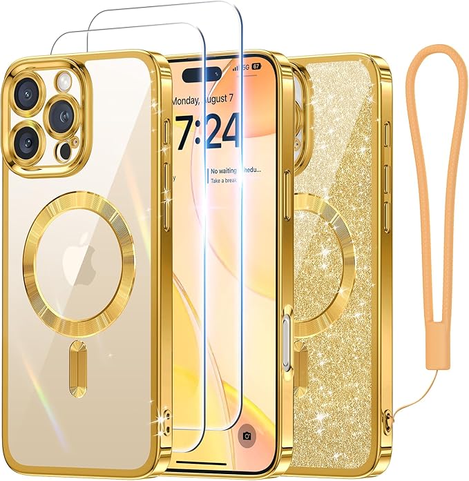 Meifigno Designed for iPhone 16 Pro Max Case 6.9", [Glitter Card & Wrist Strap] [Compatible with MagSafe] [2X Screen Protectors] Surround Lens Protection Designed for 16 ProMax Case, Gold Titanium
