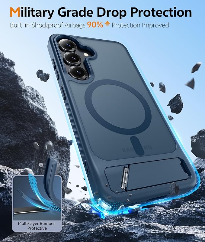 FNTCASE for Samsung Galaxy S25-Plus Case: Magnetic Translucent Matte Phone Cover with Kickstand Military Grade Shockproof Protective Drop Protection Stand Phonecase Slim Rugged - 6.7 inch (Blue)
