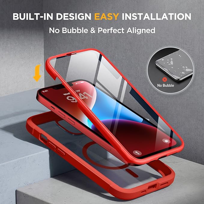 Miracase Glass Series Designed for iPhone 14 Plus Case 6.7 inch, 2023 Upgrade Full-Body Magnetic Clear Case with Built-in 9H Tempered Glass Screen Protector,Compatible with MagSafe, Red