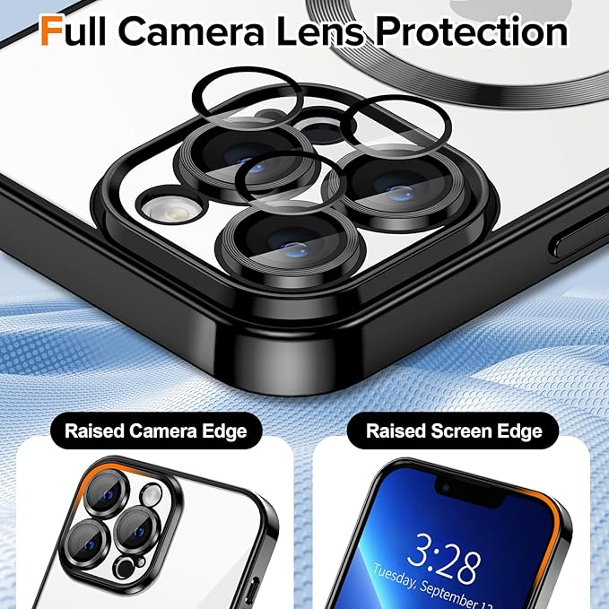 Hython Magnetic Clear for iPhone 13 Pro Case with Camera Lens Protector [Compatible with MagSafe] Luxury Plating Edge Slim Soft TPU Cover Protective Phone Case for iPhone 13 Pro 6.1", Black