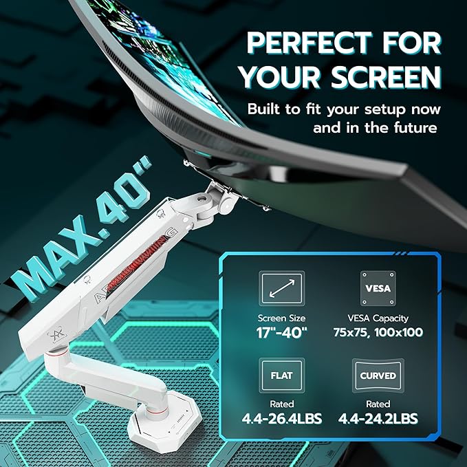 ARES WING Single Monitor Arm for 17-40 Inch Flat Curved Ultrawide Screens Up to 26.5lbs, Fully Adjustable Single Monitor Mount, C-Clamp & Grommet Base, 75/100 Vesa Mount, White