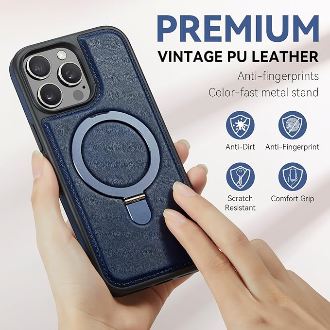 Compatible with iPhone 15 Pro Max Case with Stand, Compatible with MagSafe, Slim PU Leather & Durable TPU Protective Cover Drop-Proof with Tempered Glass Screen Protector 6.7", Blue