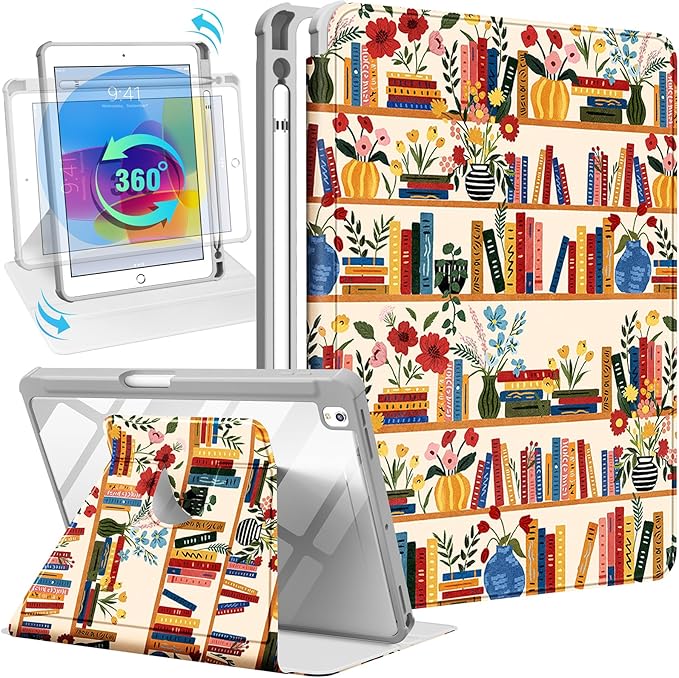 Uppuppy for iPad 9th/8th/7th Generation Case for iPad Air 3rd/ Pro 10.5” Case - 360 Rotating Stand Folio Smart Cover with Pencil Holder for Women, Flower Bookshelf for Apple Tablet 7/8/9 Gen 10.2”
