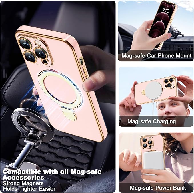 Compatible with iPhone 12 Pro Case with Magnetic Ring Stand [Compatible with Mag-Safe] [Full Camera Lens Protector] Soft Plating Phone Case for iPhone 12 Pro 6.1", Solid Pink