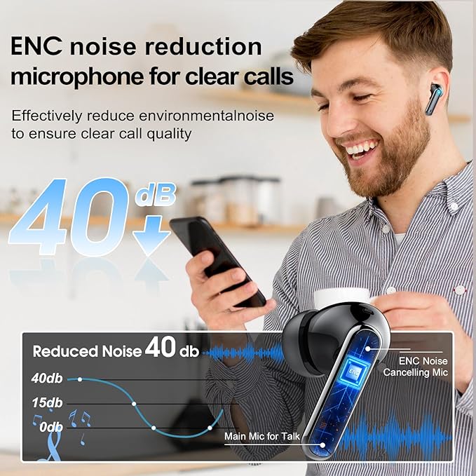 Csasan Wireless Earbuds Bluetooth 5.3 Headphones, 40H Playtime in-Ear Earphones, Mini Bluetooth Earbuds with ENC Noise Cancelling Mic, Deep Bass Stereo Ear Buds, LED Display, IPX7 Waterproof Earphones