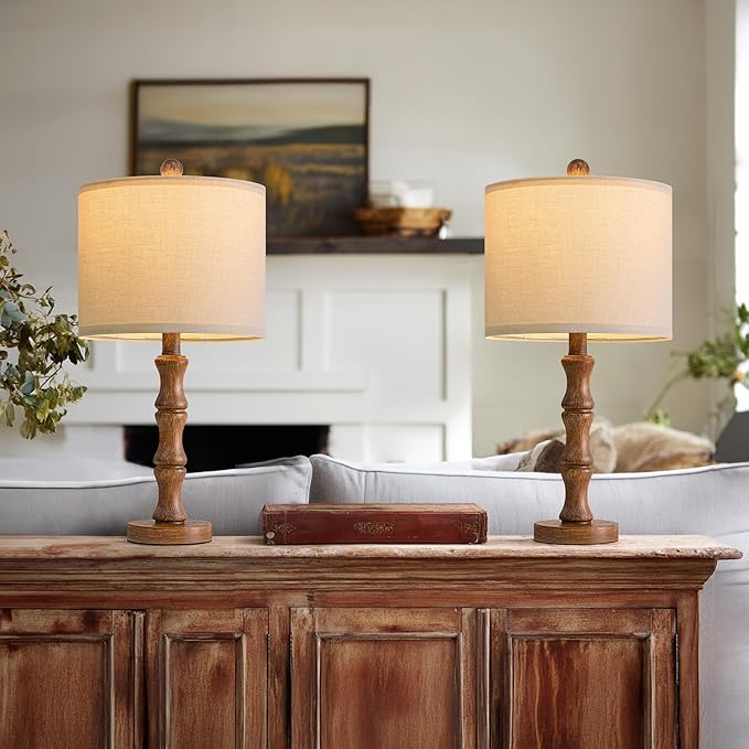 BOBOMOMO 20.5" Rustic Table Lamps Set of 2, Farmhouse Nightstand Lamp with Wood Grain Resin Base & Linen Shade, Small Bedside Lamp for Bedroom, Living Room & Apartment Décor- Ideal for Small Spaces