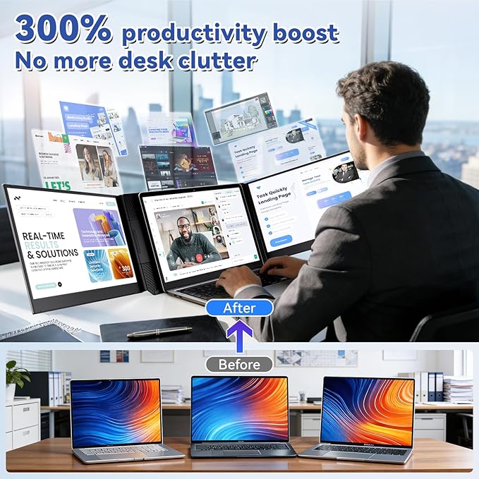 domyfan 15.6" Laptop Screen Extender, Triple Portable Monitor with Ultra-Thin FHD 1080P IPS Display for 13-17" Laptop, Plug & Play via HDMI/USB-A/Type-C, Compatible with Mac/Windows/Android