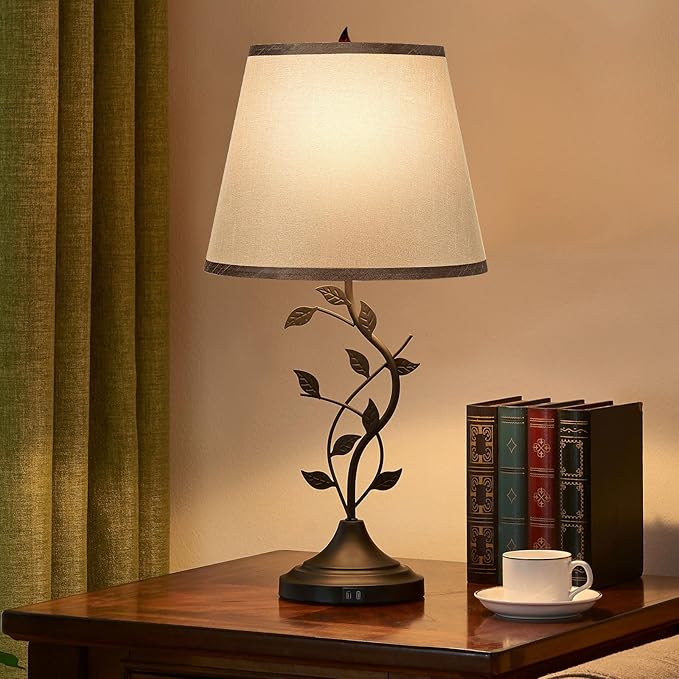 Kakanuo Table Lamp for Bedside, Lamp for Living Room with USB-A and USB-C Charging Ports, Traditional Tall Bedroom Lamp for End Table